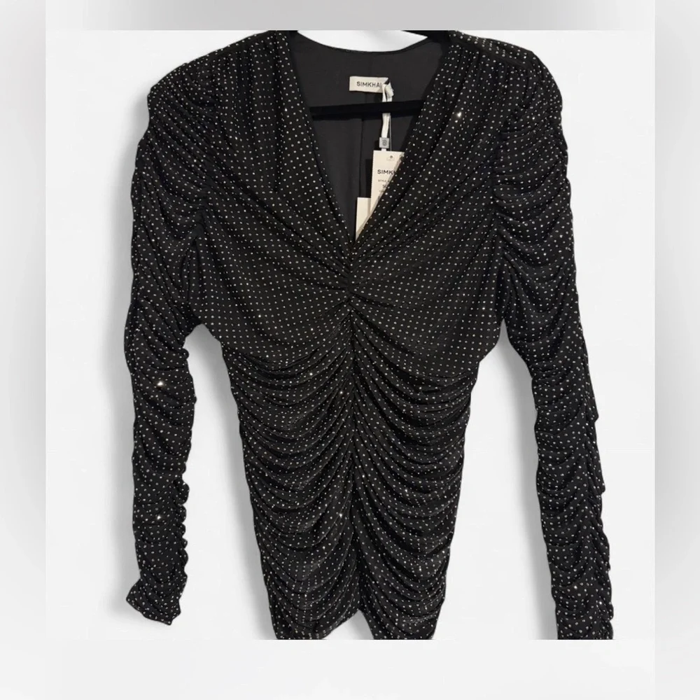 SIMKHAI Black Crystal Embellished Ruched Top – Size M (NWT, $425 Retail) - Picture 4 of 5